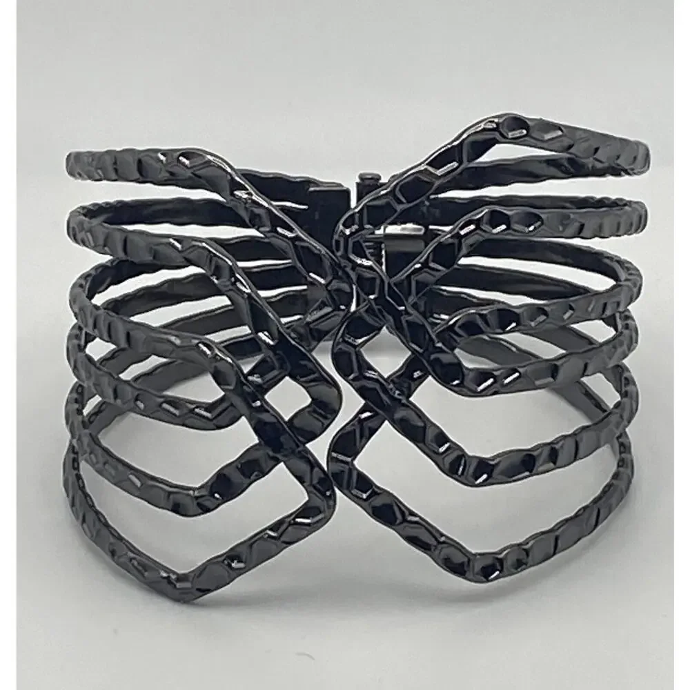 Gun Metal Gray Hammered Open Weave Wide Clamper Cuff Statement Bold Bracelet - Picture 2 of 9